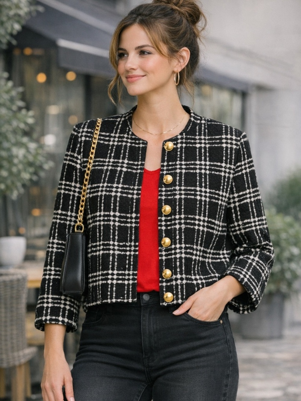 Zara Black and White Plaid Tweed Jacket